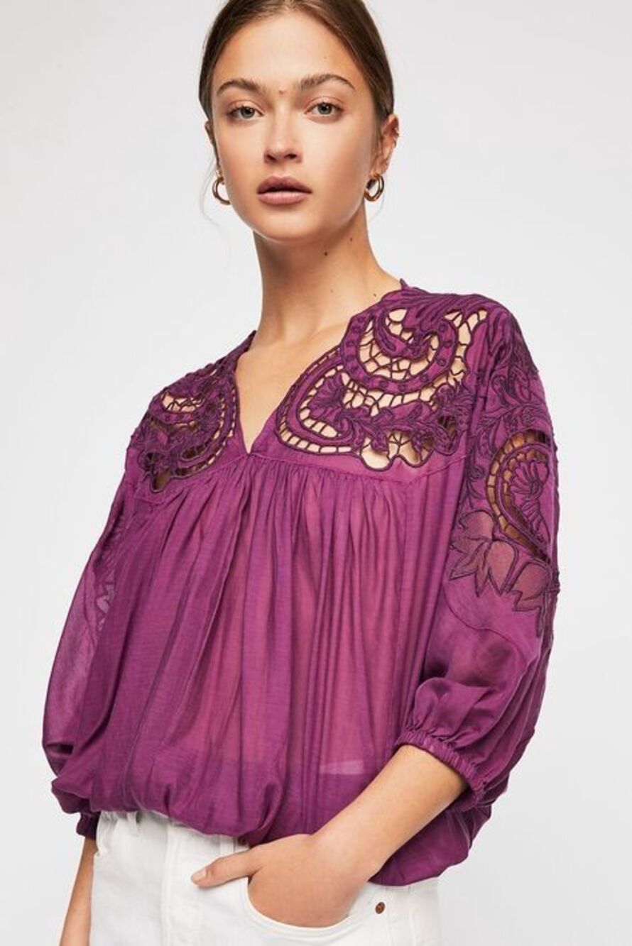 Free People Cutwork Dolman intricate lace embroidery across deep V-neckline bill